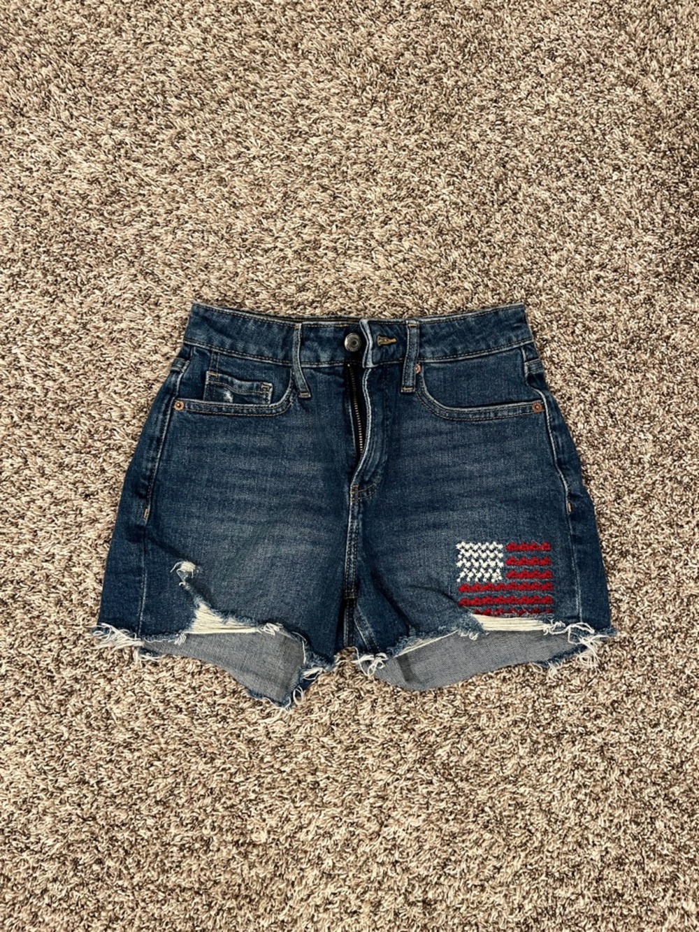 Old Navy Dark Blue Denim Women's Distressed Shorts with Flag Embroidery